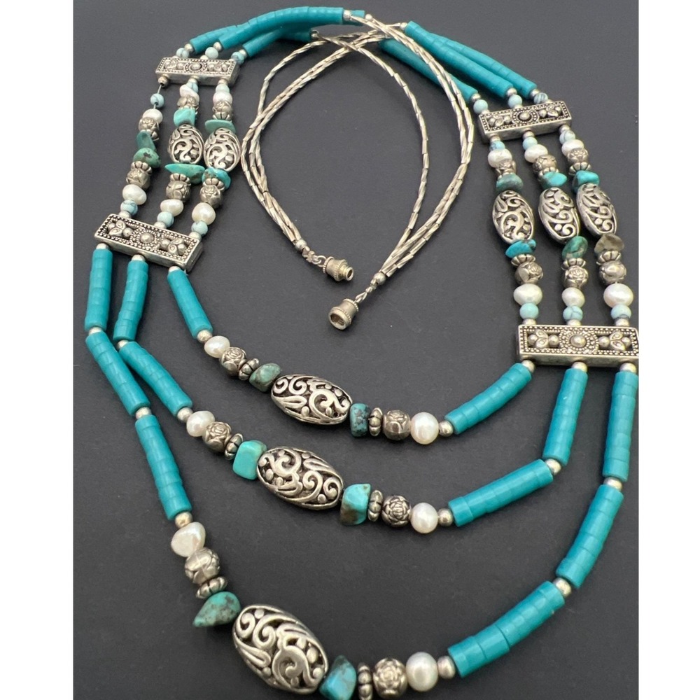 Vintage Southwestern Necklace Blue Beads Faux Pearls Silver‎ Tone Filigree Boho